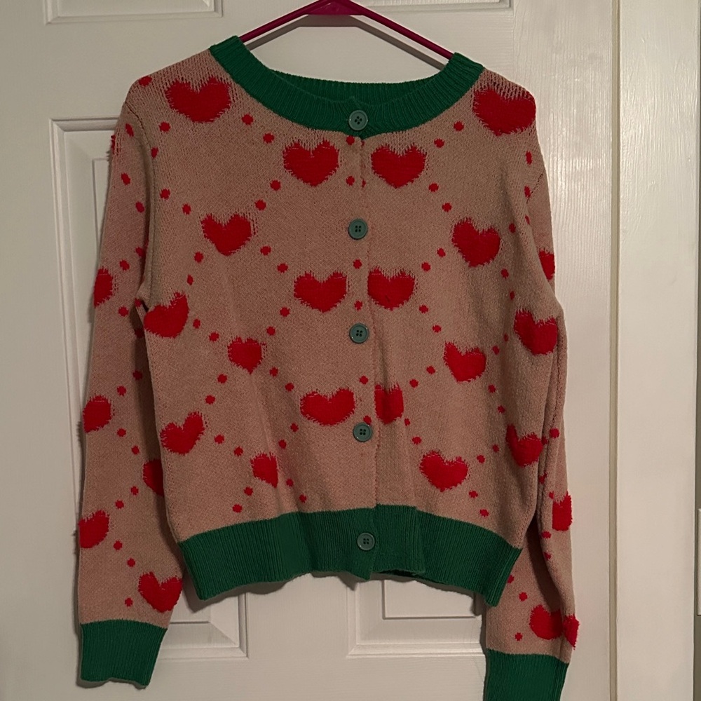 SHEIN Red Heart Cardigan with Green Trim